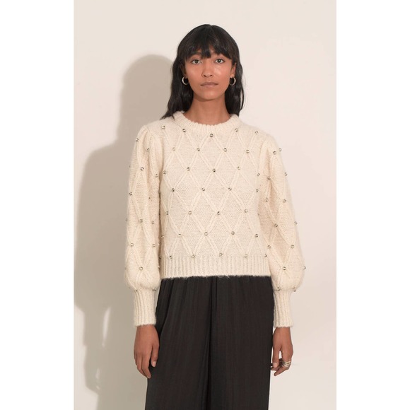 Eleven Six Zaria Ivory Beaded Baby Alpaca Knit V Keyhole Back Crewneck Sweater - Picture 1 of 7